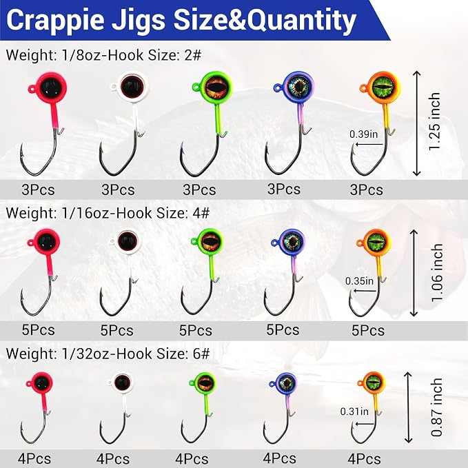 60Pcs Big Eye Crappie Jig Heads Kit, Bright Color Panfish Fishing Jig Heads Hook with Wired Bait Keeper Swimbait Jighead for Crappie Walleye 3 Sizes 1/32oz 1/16oz 1/8oz