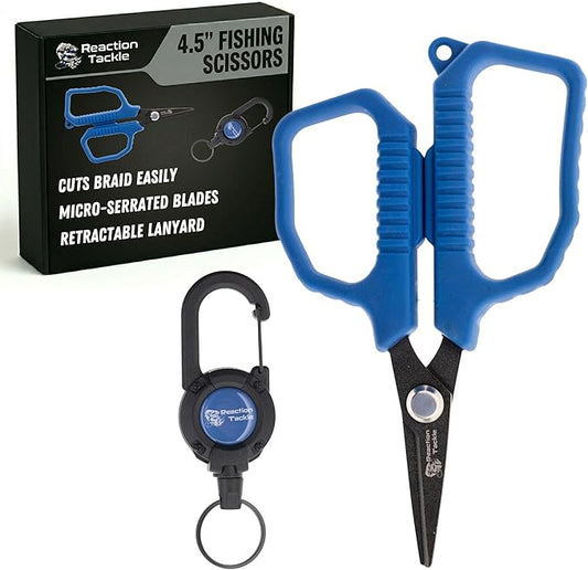 Reaction Tackle Micro Serrated Fishing Scissors with Retractable Lanyard & Carabiner – Precision Braid Cutters, Non-Slip Grip, Corrosion-Resistant Stainless Steel for Freshwater & Saltwater