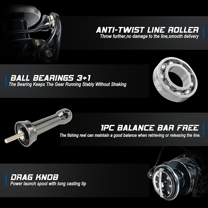 Sougayilang Spinning Fishing Reel,5.0:1/4.7:1 Gear Ratio,3+1BB High Strength Aluminum Design,Ultra-Smooth Operation with Free Balance Bar 1000 2000 3000 4000 5000series