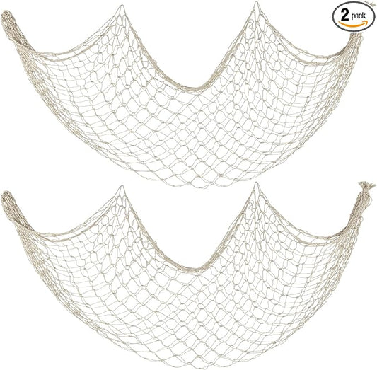 Decorative Fishing Net 2 Pack, 5x10 ft Large Beige Fish Net Decor for Wall, Photo Display, Nautical Mermaid Pirate Ocean Themed Beach Hawaii Under the Sea Party Decorations