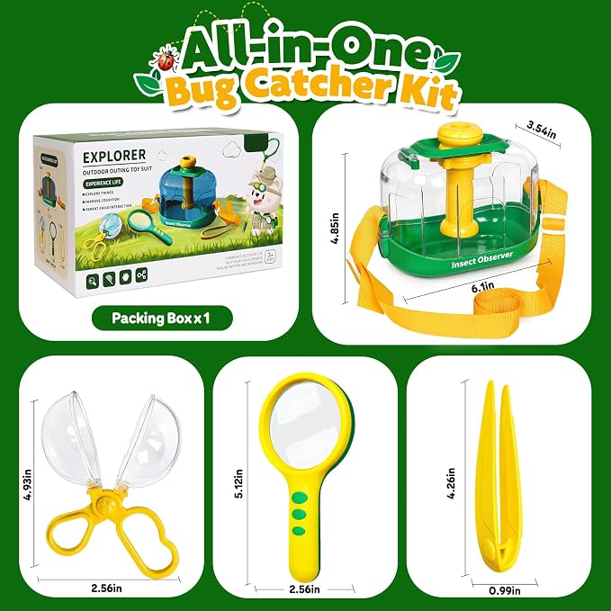 Bug Catcher Kit for Kids, 360° Rotating Insect Observation Box with Magnifying Glass, Scissor Tongs & Tweezers - STEM Outdoor Exploration Toys, Nature Adventure Learning Gift for Toddlers Boys Girls