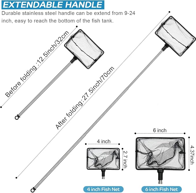 Sumind 2 Pieces Fish Tank Net Aquarium Mesh Fishes Net Long Handle Fish Nets with Extendable 12.5-27.5 Inch Stainless Steel Catch Nets for Aquarium Accessories 4 & 6 Inch