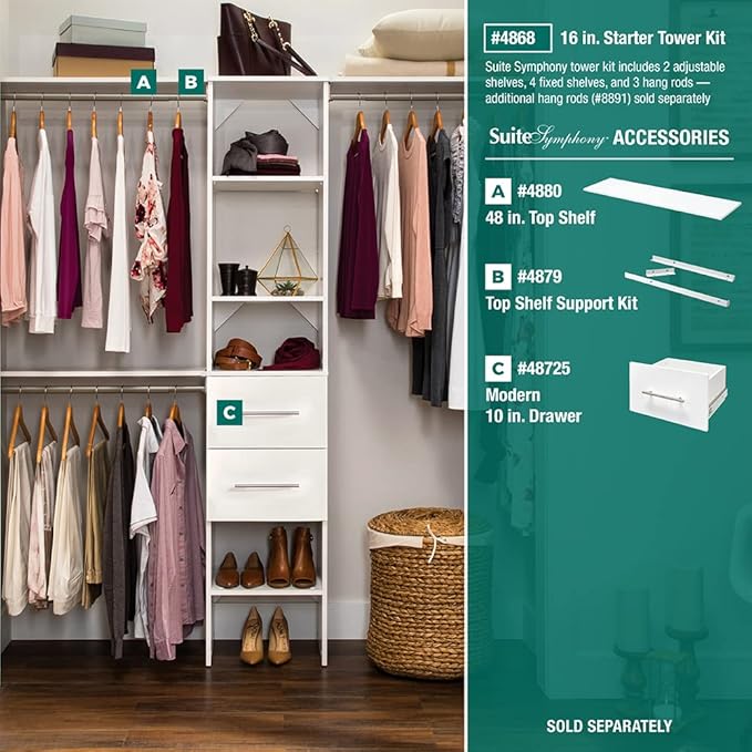 ClosetMaid SuiteSymphony Wood Closet Drawer, Add On Accessory, Modern Style, For Storage, Closet, Clothes, 16” x 10” Size for 16 in. Units, Pure White/Satin Nickel