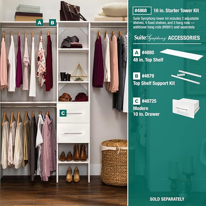 ClosetMaid SuiteSymphony Top Shelf Support Bracket Kit, Add On Accessory, Shelf Hardware Set, for Top Shelf, Pure White