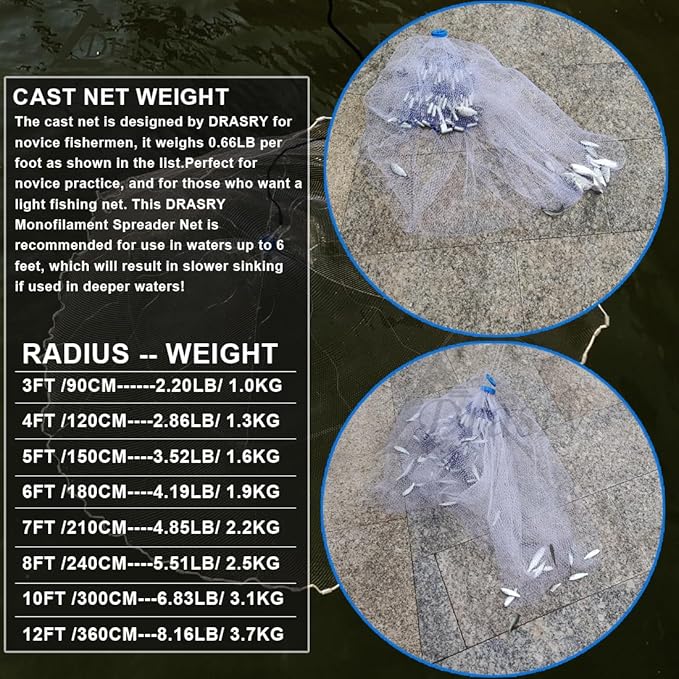 Drasry Saltwater American Fishing Cast Net 3/8inch Mesh Size for Bait Shrimp Trap Fish Heavy Duty Sinkers Throw Net 3FT/4FT/5FT/6FT/7FT/8FT/9FT/10FT Radius