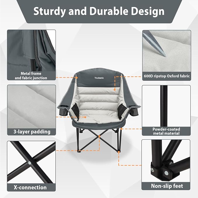 Youtanic Oversized Extra Large Padded Camping Chair, up to 400lbs, Folding Camping Chairs with Pocket, Carry Bag, Heavy Duty Outdoor Camp Chairs for Adults, Fishing, Sports, Trip, Light Gray-Gray