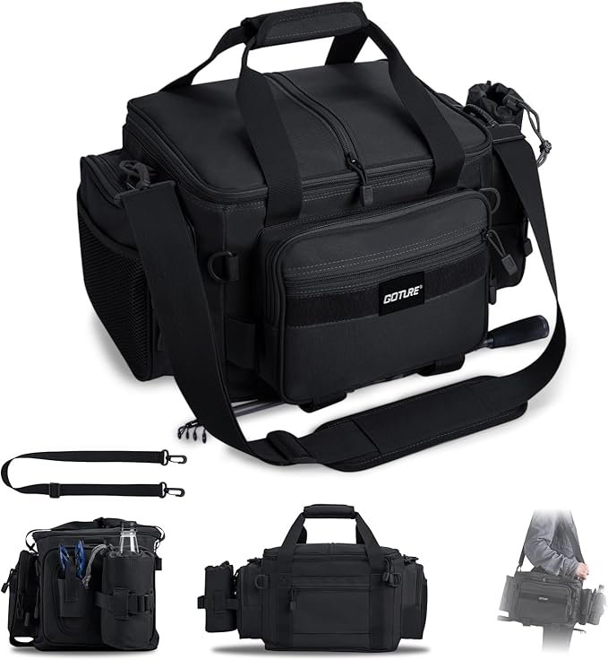 Goture Fishing Tackle Bag,Store Up to 4PCS 3700 Tackle Boxes(Not Included),600D Soft Side Water-Resistant Saltwater Gear Storage Fishing Bag with Rod Straps,Detachable Water Bottle Pouch,SBS Zippers