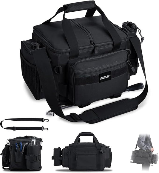 Goture Fishing Tackle Bag,Store Up to 4PCS 3700 Tackle Boxes(Not Included),600D Soft Side Water-Resistant Saltwater Gear Storage Fishing Bag with Rod Straps,Detachable Water Bottle Pouch,SBS Zippers