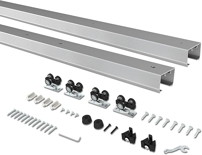 8FT Double Pocket Door Track Kit, 2 Sets of 44.69" Rail, Suitable for Double Door Width 48"(Single Panel 24"), Slide Quietly and Smoothly, Easy to Install