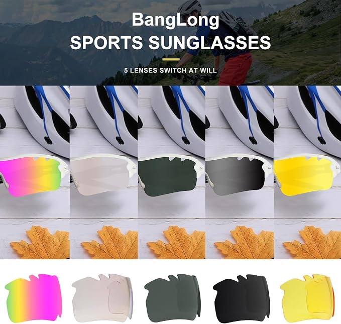 BangLong Polarized Cycling Sunglasses for Men Women, 26g Sports Sunglasses with 5 Lenses for Running Fishing Baseball Driving