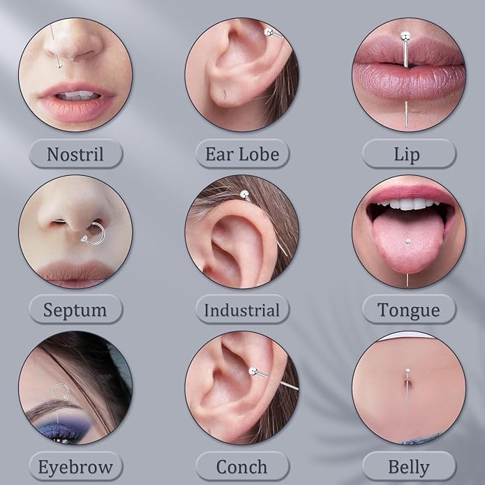 14G 16G 18G 20G Piercing Taper Piercing Ball Grabber Tool Stainless Steel Flat Back Earring Applicator Tool Threadless Insertion Pin Curved Body Piercing Kit for Ear/Nose/Navel/Lip/Eyebrow