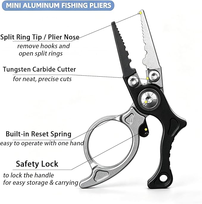 Mini Fishing Pliers with Zinger Retractor, Split Ring Pliers for Saltwater & Freshwater, Tungsten Carbide Braid Cutters & Hook Remover, Compact Multitool for Freshwater Fly Fishing,Bass Fishing