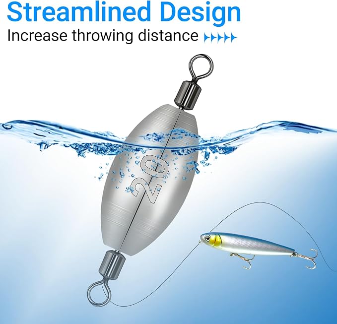 Inline Trolling Weights with Swivel, Fishing Sinkers for Catfish Bass Saltwater Freshwater, Anti-Twist Smooth Rolling Egg Sinker Design, Assorted Sizes Fishing Weights Kit