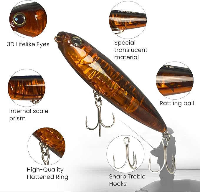 Pristis 3 pcs Topwater Fishing Plopper Lures, Floating Popper Bait Set with Chemically Sharpened Hooks for Saltwater Freshwater, Top Water Plopping Swimbait Teaser for Bass Tuna Perch Pike Crappie