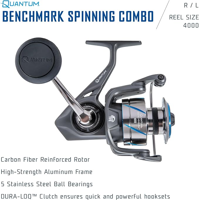 Quantum Benchmark Spinning Reel and Fishing Rod Combo, Graphite Composite Blank, 5+1 Bearings, Silver/Blue