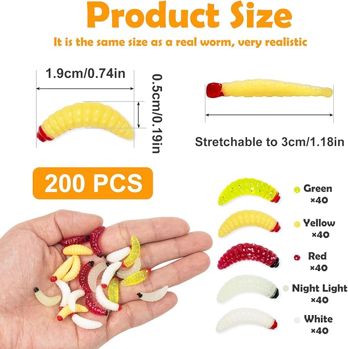 200 Pcs Fake Worms Fishing Soft Bass Maggot SiliconeBaits Bread Worm Fish Lurefor Panfish Bluegill Lure Bait