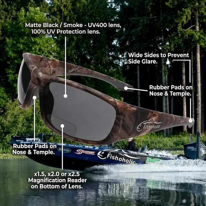 Fishoholic Polarized Bi-Focal Fishing Sunglasses with Reader Magnification (1.5x, 2.0x, 2.5x Options) and UV400 Protection