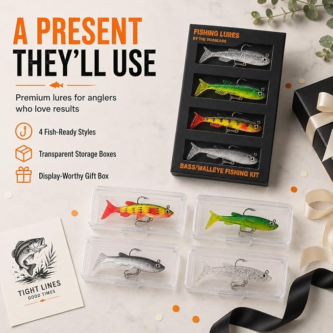 Soft Fishing Lure Kit for Bass/Trout/Pike/Salmon, 4Pcs Fishing Gear for Individually Packaged Baits with Gift Box