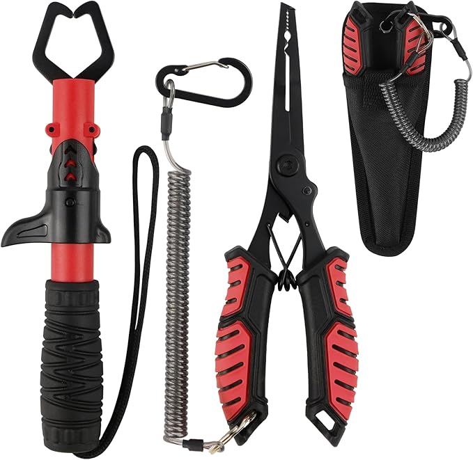 mouhike Fishing Pliers Fish Lip Gripper Fishing Tool Kit Muti-Function Saltwater Fishing Line Cutter Hook Remover with Sheath Lanyard, Fly Ice Fishing Gear Fishing Gifts for Men Women