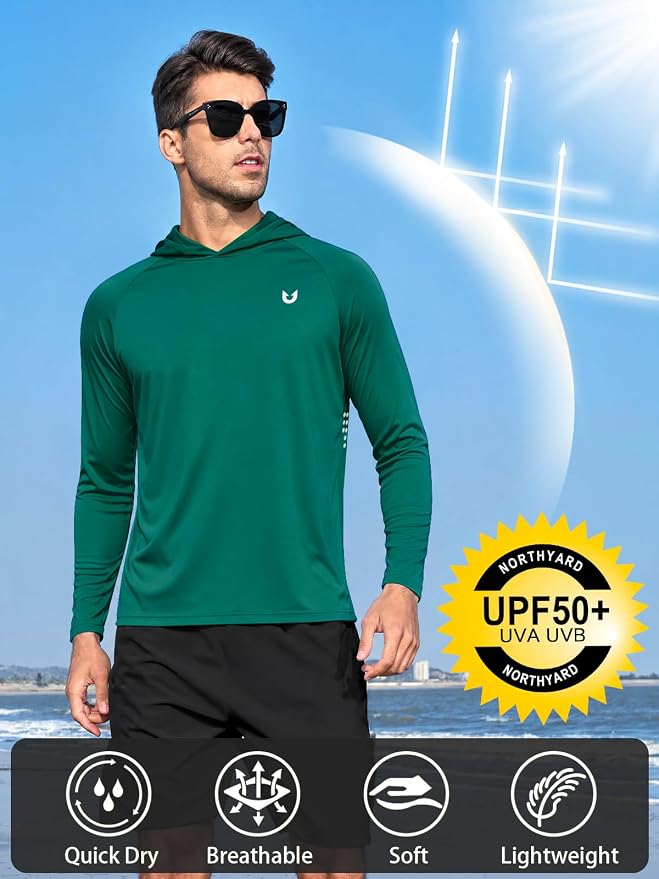 NORTHYARD Men's UPF 50+ Rash Guard Hoodie Long Sleeve Sun Protection Shirt Fishing Swim Beach Hiking Quick Dry Lightweight