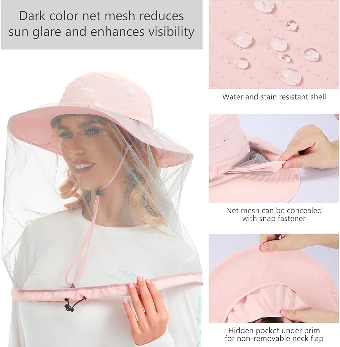 BASSDASH UPF 50+ Mosquito Sun Hat with Hidden Head Net and Neck Flap for Men Women Outdoor Fishing Hiking Camping