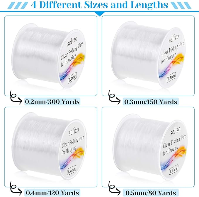Fishing Wire for Hanging, Selizo 4Pcs Clear Fish Line Fishing String Invisible Monofilament Nylon Thread for Hanging Decorations, Balloon Garland, Jewelry Making, Beading and Crafts