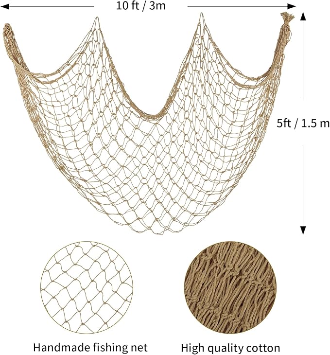 ZUEXT Caramel Decorative Fishing Net 5x10 ft, 3 Pack Large Picture Fish Net, Wall Photo Hanging Fishnet for Nautical Mermaid Pirate Ocean Themed Hawaii Beach Under The Sea Party Decorations