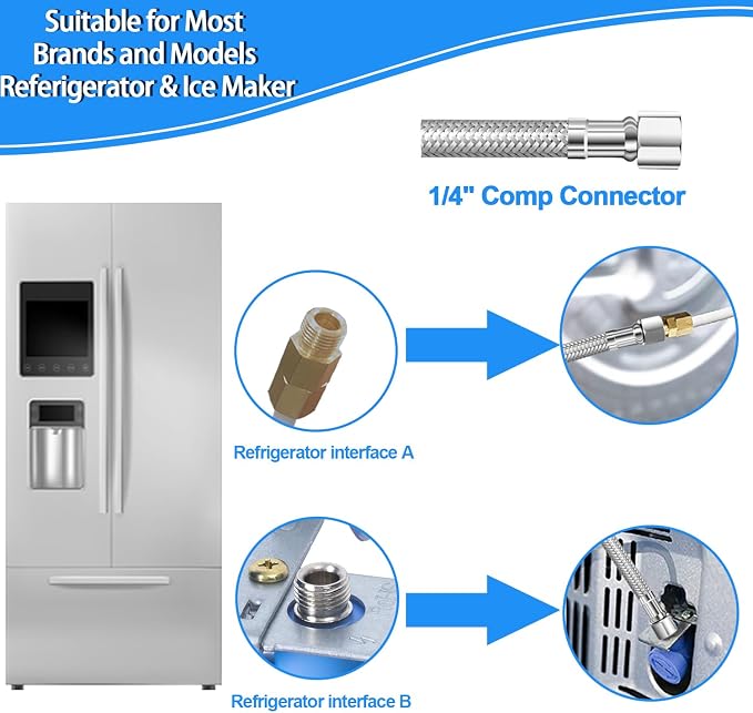 Refrigerator water line - 25 FT Premium Stainless Steel Braided Ice Maker Water Hose,Food grade PEX Inner Tube Fridge Water Line with 1/4" Fittings for Refrigerator Ice Maker