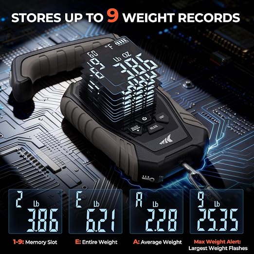 KastKing Weighmaster Mechanical-Digital Fishing Scale, 120 lb Capacity, 2.5" Backlit Display, High-Precision Sensor, 9 Weight Memory, Temperature Detection, IPX6 Waterproof, Fishing Gifts