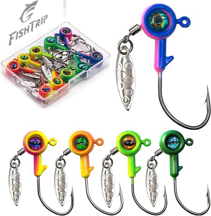 FishTrip Jig Heads Hooks with Spinner - Underspin Crappie Fishing Jighead with Willow Blade for Saltwater Freshwater 1/32oz,1/16oz,1/8oz,3/16oz,1/4oz