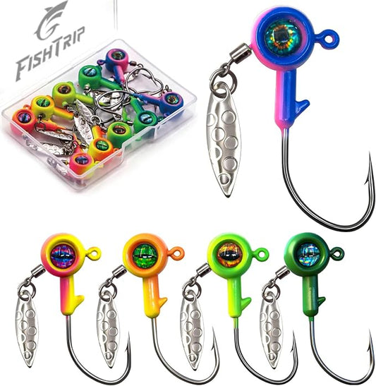 FishTrip Jig Heads Hooks with Spinner - Underspin Crappie Fishing Jighead with Willow Blade for Saltwater Freshwater 1/32oz,1/16oz,1/8oz,3/16oz,1/4oz
