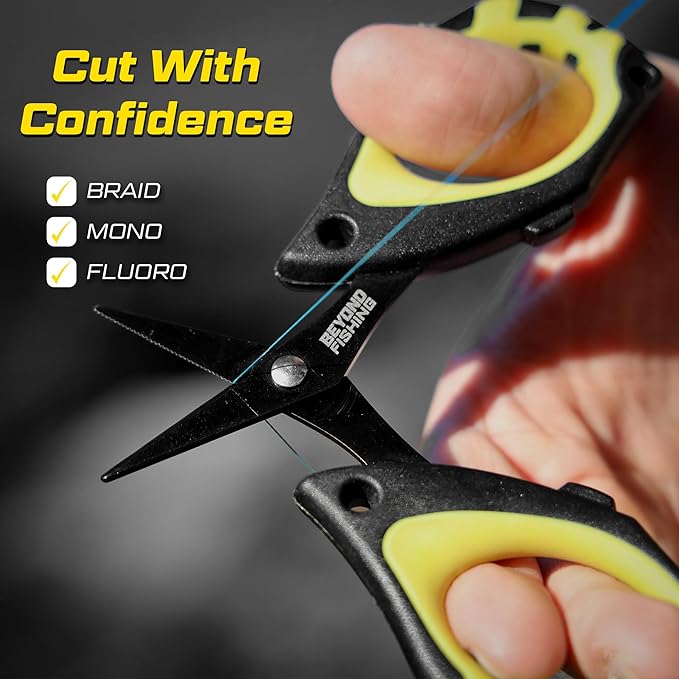 Beyond Fishing - 4.5” Fishing Scissors for Braided Line, Stainless Steel with Serrated Blades, Non Slip Grip, Large Finger Holes Fishing Line Cutter