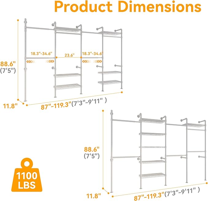 W4 Wall Mounted Closet System, Expandable Clothes Rack Heavy Duty Clothing Rack for Hanging Clothes, Industrial Pipe Closet Organizers for Reach in Closet, White