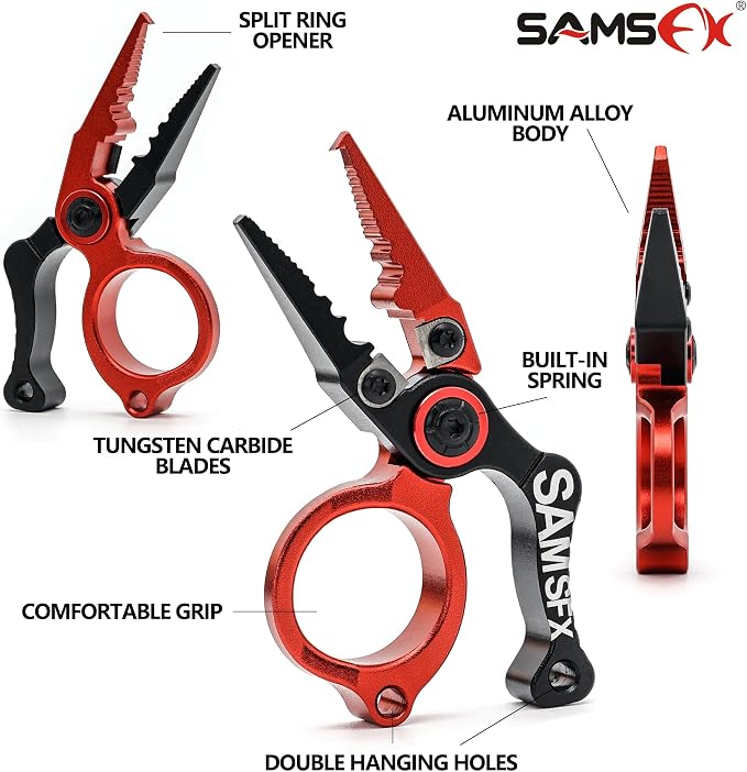 SAMSFX Mini Fishing Pliers with Fly Fishing Zinger Retractor, Fish Hook Remover Tool, Split Ring Pliers for Saltwater & Freshwater, Tungsten Carbide Cutters, Fishing Gear Gift for Anglers