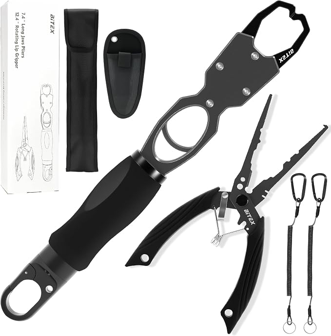 BiteX Fish Lip Gripper with 40lb Scale, 360° Rotating Fish Holder | One-Hand Operation, Saltwater-Resistant Aluminum Build, Bonus Fishing Pliers, Sheaths and Lanyards Included