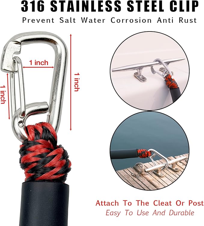 2FT Bungee Dock Line Boat Accessories 2pcs Fender Lines with 316 Stainless Clip for Boat Bumper/Boat Fender for Mooring for Jet Ski, Seadoo, Yamaha (Red+Black, 2Feet)