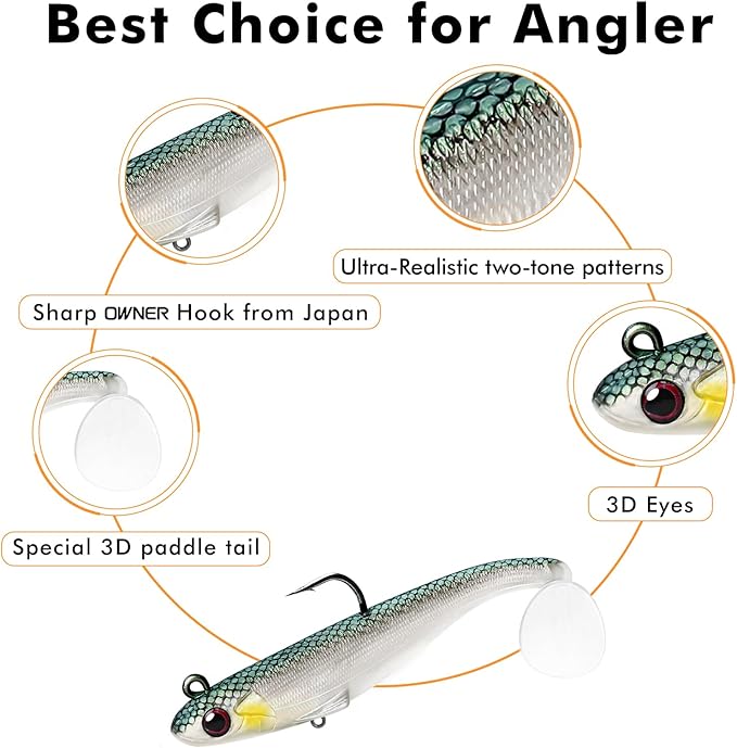 TRUSCEND Shadtale Easy Catch Soft Fishing Lures with BKK Hooks - Trembly Sinking and Vibrating Swim for More Bites, Pre-Rigged Swimbaits for Bass, Trout, Crappie, Walleye, Freshwater Saltwater Fishing