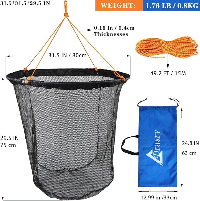 Drasry Foldable Bridge and Pier Fishing Landing Net - High Load-Bearing Aluminum Ring Drop Net for Saltwater Freshwater - Collapsible Basket With 49.2 FT Rope