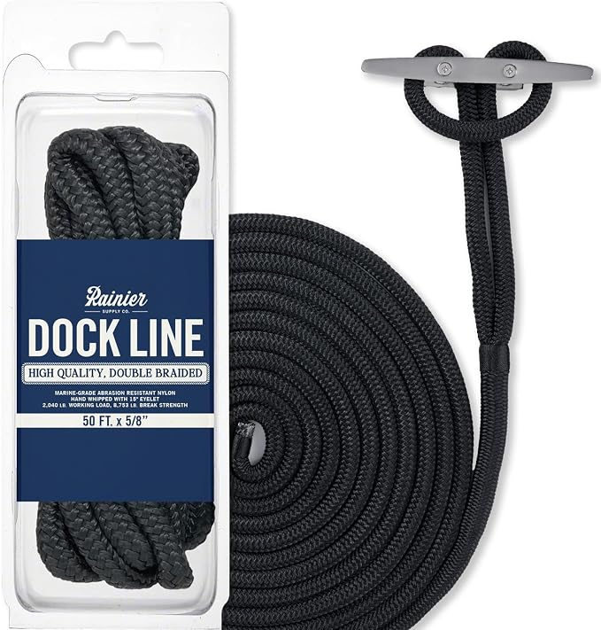 RainierSupplyCo Dock Lines - Boat Rope for Docking with Loop - 50 ft x 5/8 Inch Premium Double Braided Nylon Marine Rope - Mooring Line with 18" Eyelet - Boat Accessories - Black