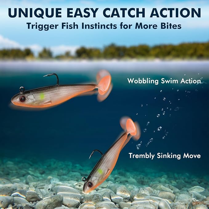 TRUSCEND Shadtale Easy Catch Soft Fishing Lures with BKK Hooks - Trembly Sinking and Vibrating Swim for More Bites, Pre-Rigged Swimbaits for Bass, Trout, Crappie, Walleye, Freshwater Saltwater Fishing