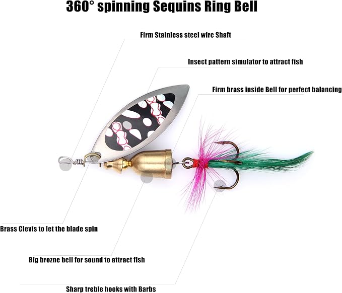 EXAURAFELIS 10/30pcs Fishing Lure Spinnerbait with Feathered Treble Hooks Rooster Tail Fishing Lures Spoon Lures for Bass Salmon Trout Spinner Baits with Tackle Box
