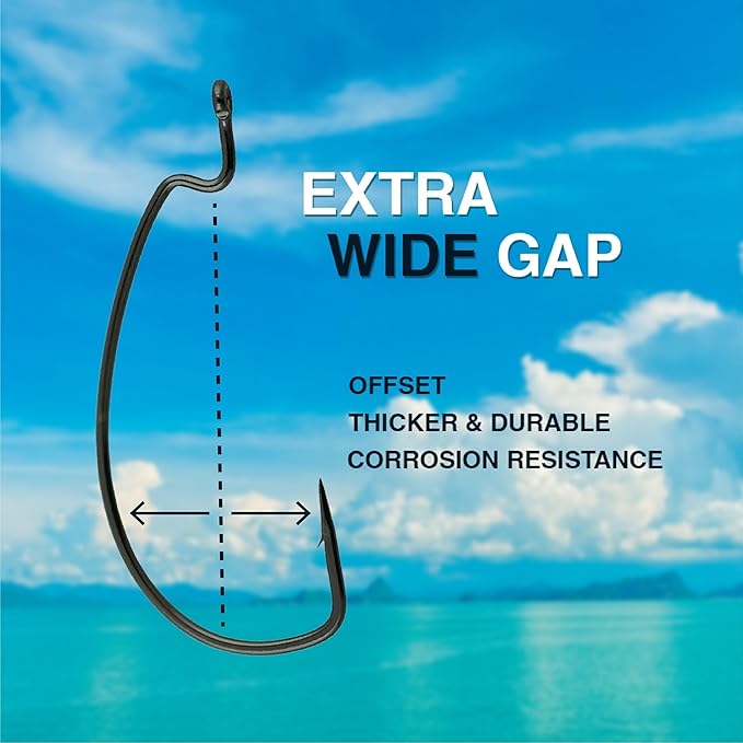 Reaction Tackle Offset EWG Worm Hooks - Super Strong Wide Gap Texas Rig Hooks for Soft Plastic Baits - High Carbon Steel Bass Fishing Hooks (25-Pack)