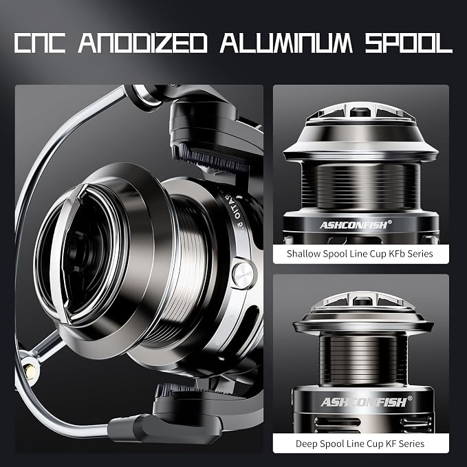 Ashconfish KF Spinning Reel, Freshwater Saltwater Spinning Fishing Reels, CNC Aluminum Spool, 5.2:1 Gear Ratio, 7+1 Ball Bearings 2 Line Cup Styles