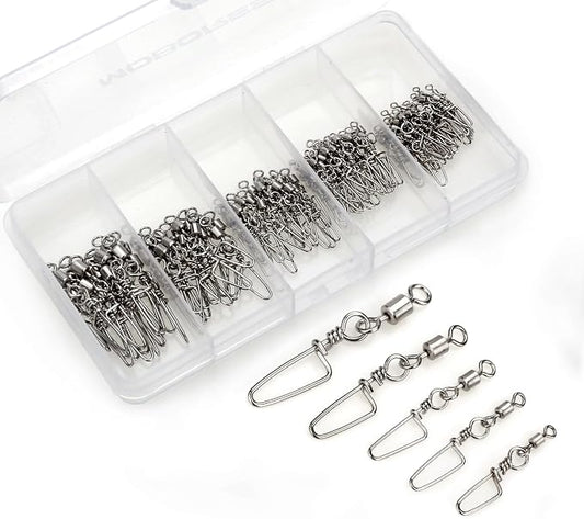 110PCS Stainless Steel Barrel Snap Swivel Fishing Accessories, Premium Fishing Gear Equipment with Ball Bearing Swivels Snaps Connector for Quick Connect Fishing Lures