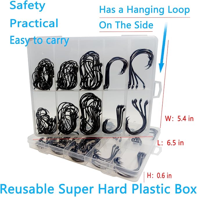 Afmivs Fishing Hooks Saltwater, 160PCS Circle Hooks Saltwater, Fish Hooks for Fishing Gear Tackle, Catfish Octopus Hook #1 1/0 2/0 3/0 4/0 5/0 6/0 8/0 Black High Carbon Steel with Portable Plastic Box