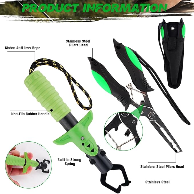Hikary 10 Pcs Fishing Tool Kit,Folding Fishing Net Set with Storang Bag,Pliers with Lanyard and Protective Sheaths,Hook Remover,Fish Gripper,Fish Scale,Scissors for Fisherman Travel Gifts