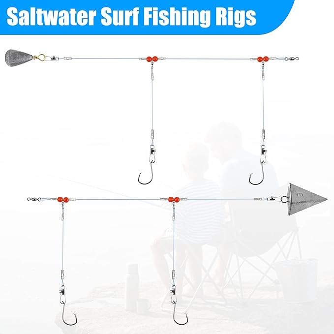 Saltwater Surf Fishing Tackle Kit - Saltwater Surf Fishing Rigs Bottom Rigs Include Fishing Leader Rigs Pyramid Sinkers Bass Casting Sinker Circle Hooks for Striped Bass Red Drum Flounder