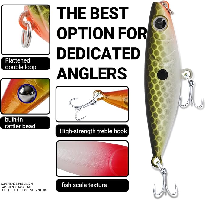 3D Lifelike Fishing Lures with Zigzag Action – Topwater Hard Bait Jigs for Bass, Trout, Walleye, Pike, Salmon – 5 Pc, High Carbon Steel Treble Hooks, Fresh/Saltwater