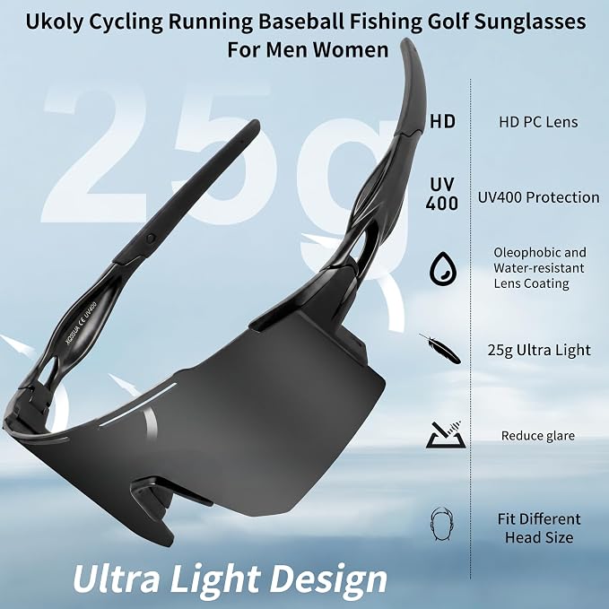 Ukoly Cycling Sunglasses for Men Women with 3 Interchangeable Lenses, Polarized Sports Sunglasses, Baseball Sunglasses