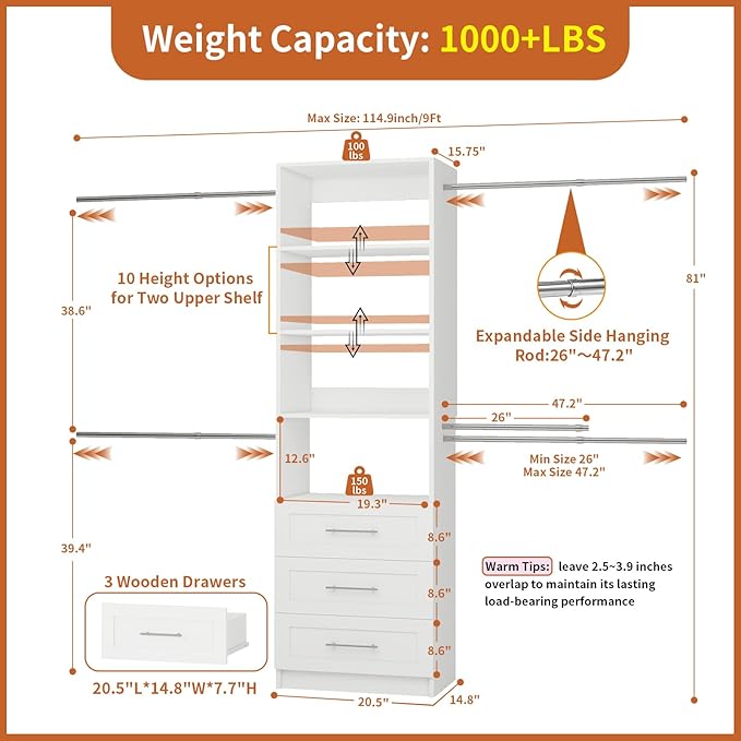Closet System with Drawers, 4-8FT Closet Organizer System, 96” Walk in Closet Organizer Tower with Adjustable Shelves, Modular Closet Storage Drawer System with 4 Expandable Hanging Rods, White